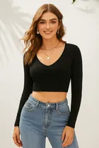 Women's Casual Wear Solid Body Fitted Rib Top, Black (M)