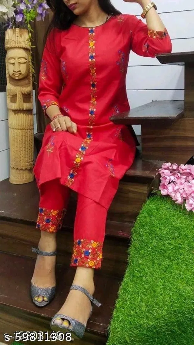 Rayon Embroidered Kurta with Pant for Women (Red, L)