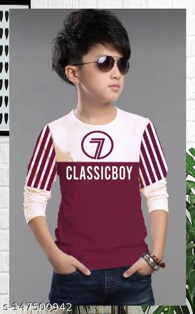 Cotton Round Neck T-Shirt for Boys (Maroon & White, 7-8 Years)