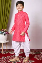 Cotton Embellished Kurta with Dhoti for Boys, Pink & White 