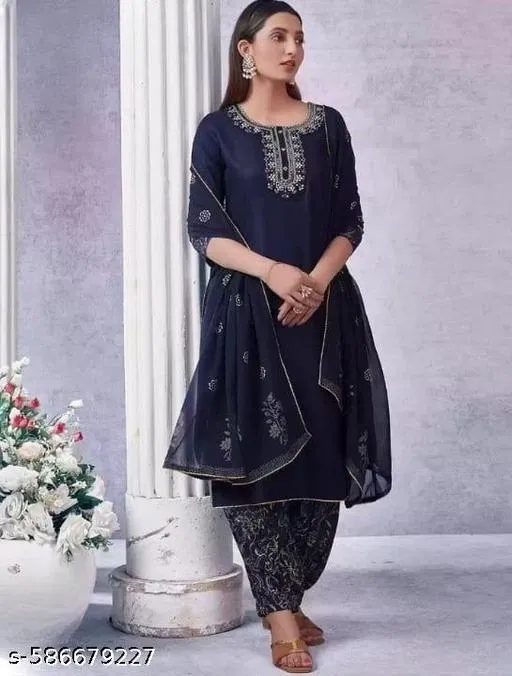 Rayon embroidered A-line Kurta Set for Women ( Blue,XL )