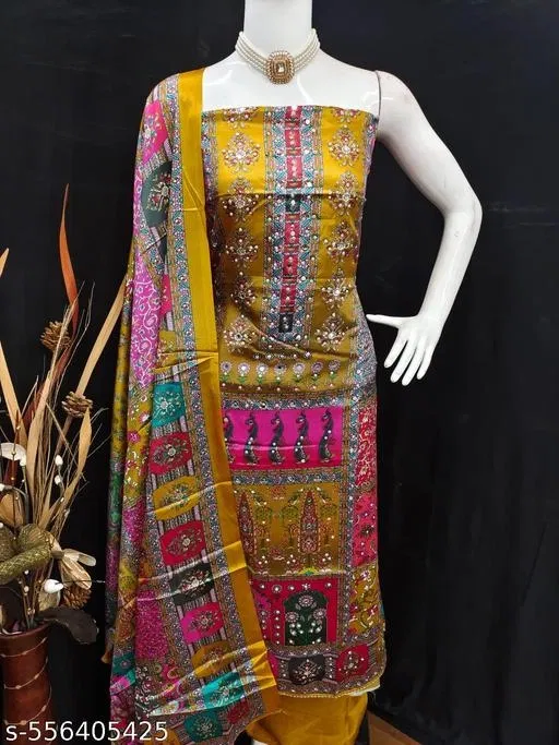 Floral Jaipuri Designs Kurti for Women (Yellow, Un Stitched)