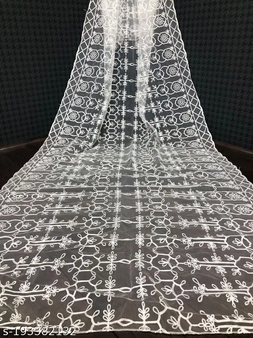 Botanical Embroidered Net Dupatta for Women (White, Free Size)