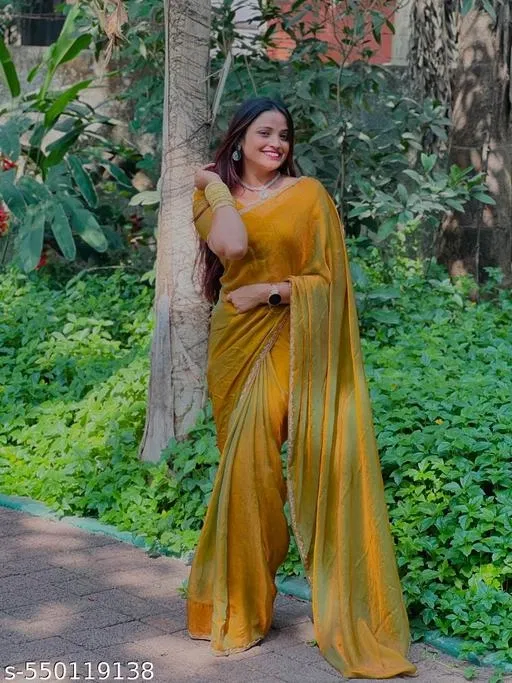 Golden Color Chiffon Saree for Women (Gold)