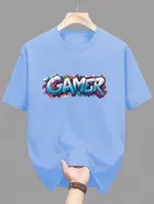 Polyester Printed Half Sleeves T-Shirts For Men, Light Blue 