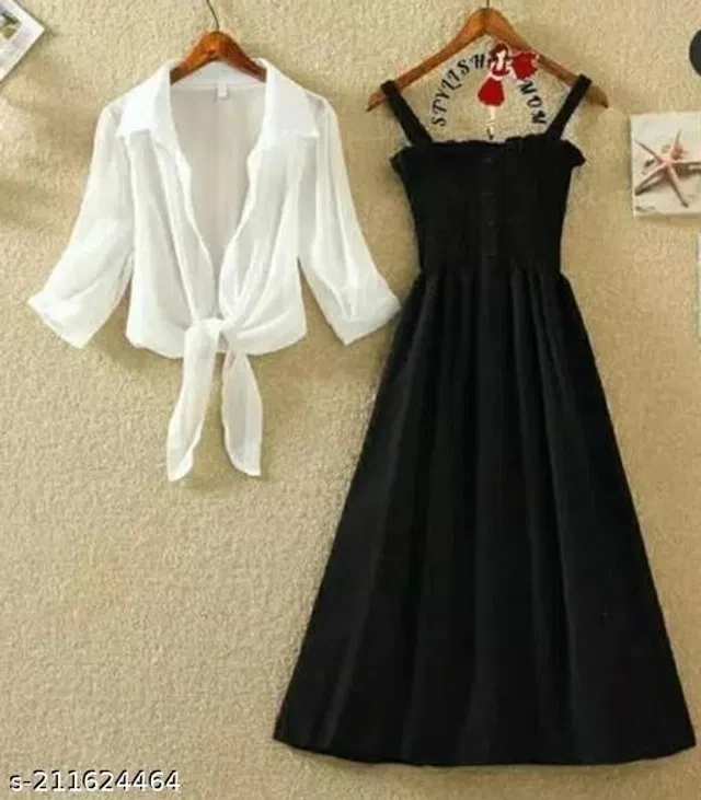 Poly Crepe Dress for Women (Black & White, M)