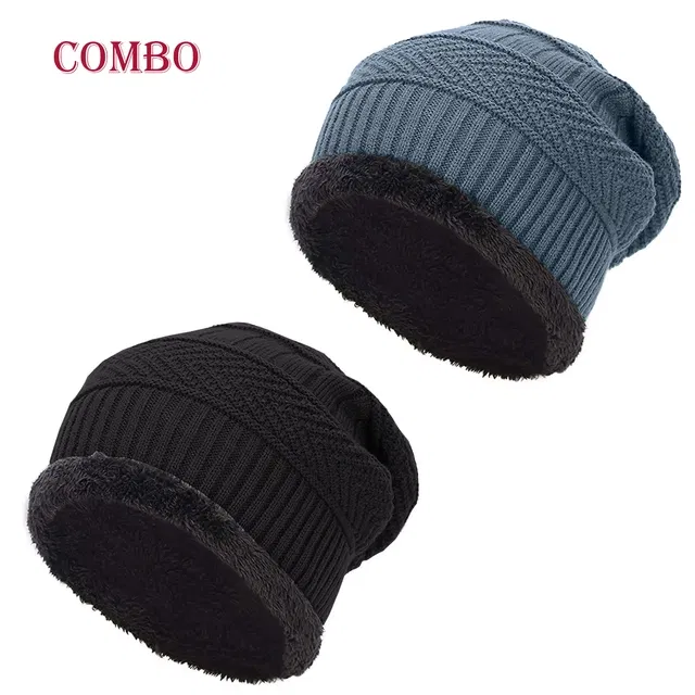 Woolen Fur Winter Cap for Men (Grey & Black, Free Size) (Pack of 2)