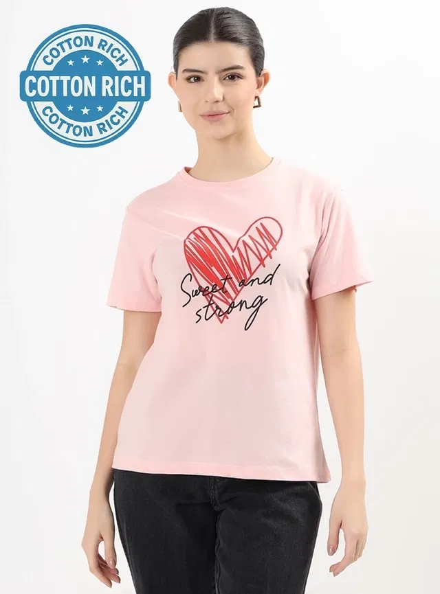 Round Neck Printed T-Shirt for Women (Pink, L)