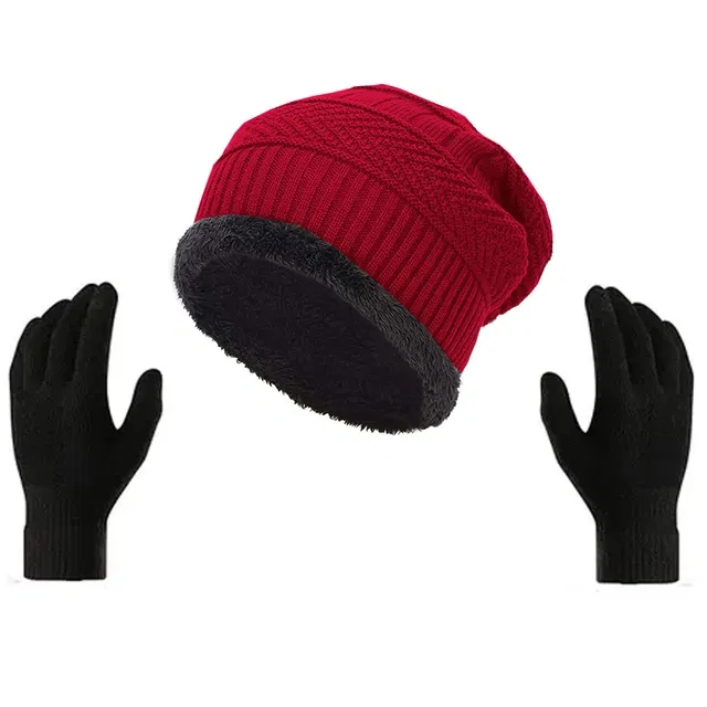 Woolen Fur Winter Cap with Hand Gloves for Men (Red & Black, Free Size) (Set of 2)