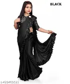 Poly Silk Solid Saree with Blouse for Girls (Black, 3-4 Years)