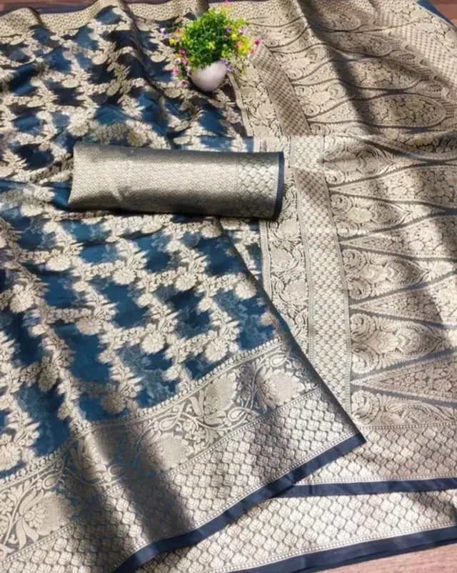 Organza Zari Woven Saree for Women (Teal, 6.3 m)