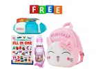 Combo of Fabric School Bag, Water Bottle, Lunch Box with All in One Book for Kids (Multicolor, Set of 4)