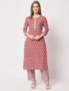 Cotton Printed Kurta with Pant for Women (Maroon, M)