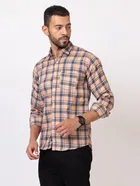 Cotton Blend Checkered Shirt for Men, Peach 
