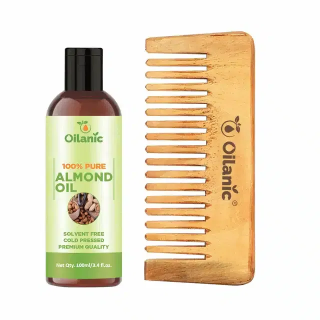 Natural Almond Oil (100 ml) & Herbal Handmade Neem Wooden Comb (5.5 inches) Combo (Pack of 2)
