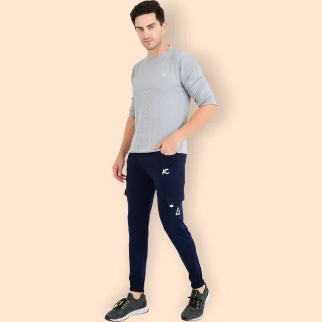 Lycra Nylon Logo Printed Track Pant for Men (Navy Blue, M)