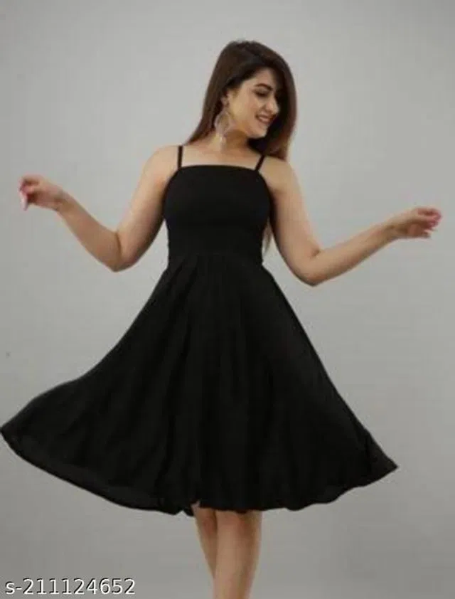 Poly Crepe Solid Dress for Women (Black, M)