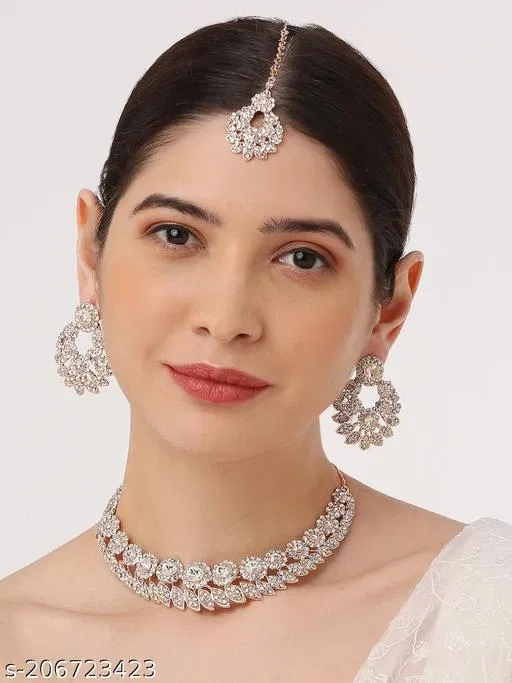 Rose Gold Plated Necklace set with Maang Tikka for Women (White, Free Size)