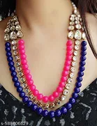 Beautiful Three Layer Kundan Beaded Necklace Set, Blue