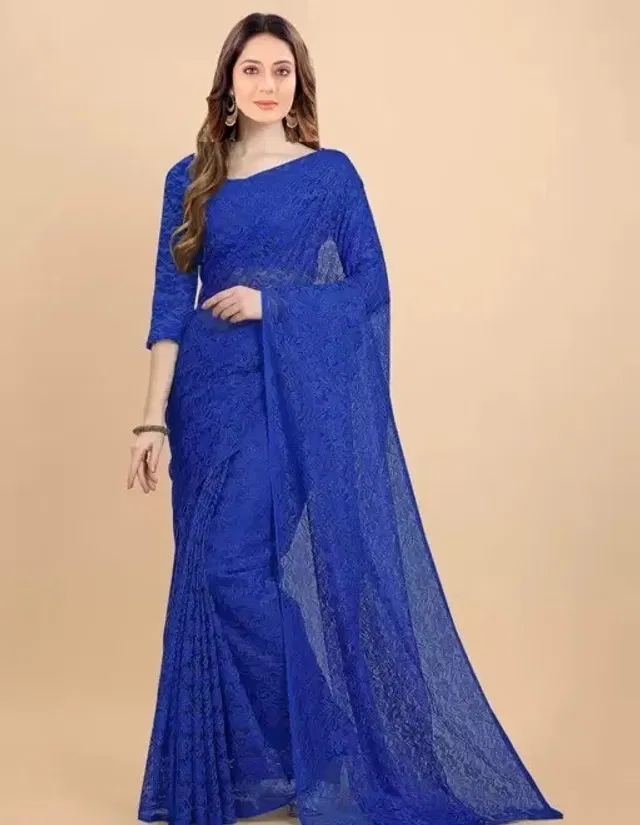 Net Floral Saree for Women (Blue, 6.3 m)