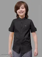 Solid Cotton Blend Mandarin Collar Short Sleeve Shirt for Boys 