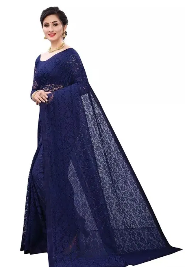 Net Floral Saree for Women (Navy Blue, 6.3 m)