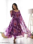 Georgette Printed Gown with Dupatta for Women (Purple, M)
