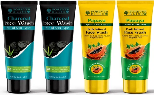 Combo of Forever Bliss 2 Pcs Charcoal with 2 Pcs Papaya Spots & Tan Removal Face Wash (60 ml, Pack of 4)