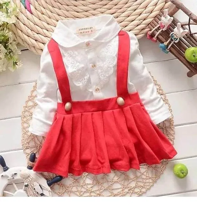 Crepe Solid Frock for Girls (White & Red, 18-24 Months)