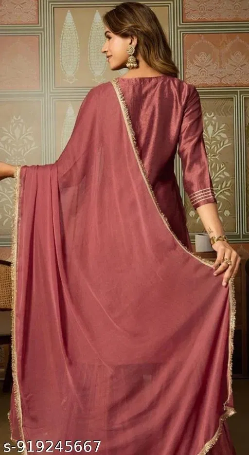 Designer Kurti Pant Dupatta Set for Women (Rust, XL)