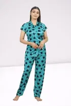 Satin Printed Nightsuit for Women (Sea Green, XL)