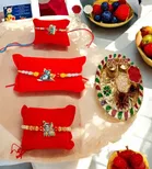 Combo of 3 Pcs Rakhi, 4.5 inch Plate, Greeting Card & Roli Chawal 