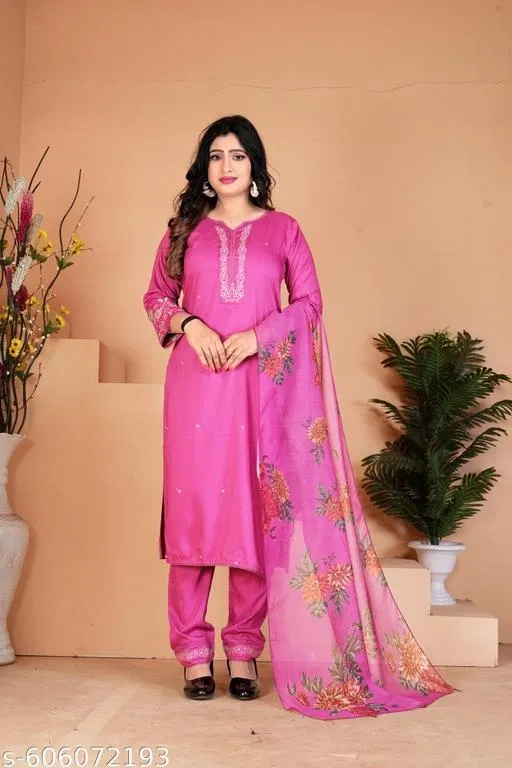 Viscose Rayon Kurta Set for Women (Pink, XL)