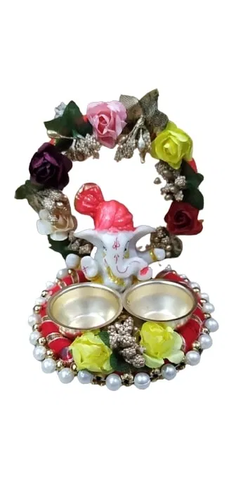 Metal Decorative Ganpati Haldi Kumkum Stand with 2 Roli Chawal Holder, Multicolor