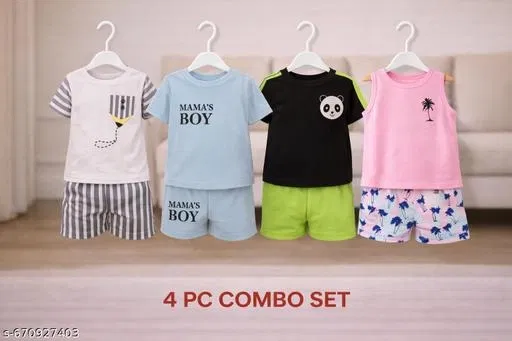 Hosiery Cotton Printed Clothing Set for Kids, Multicolor, Pack of 4 (0-3 Months)
