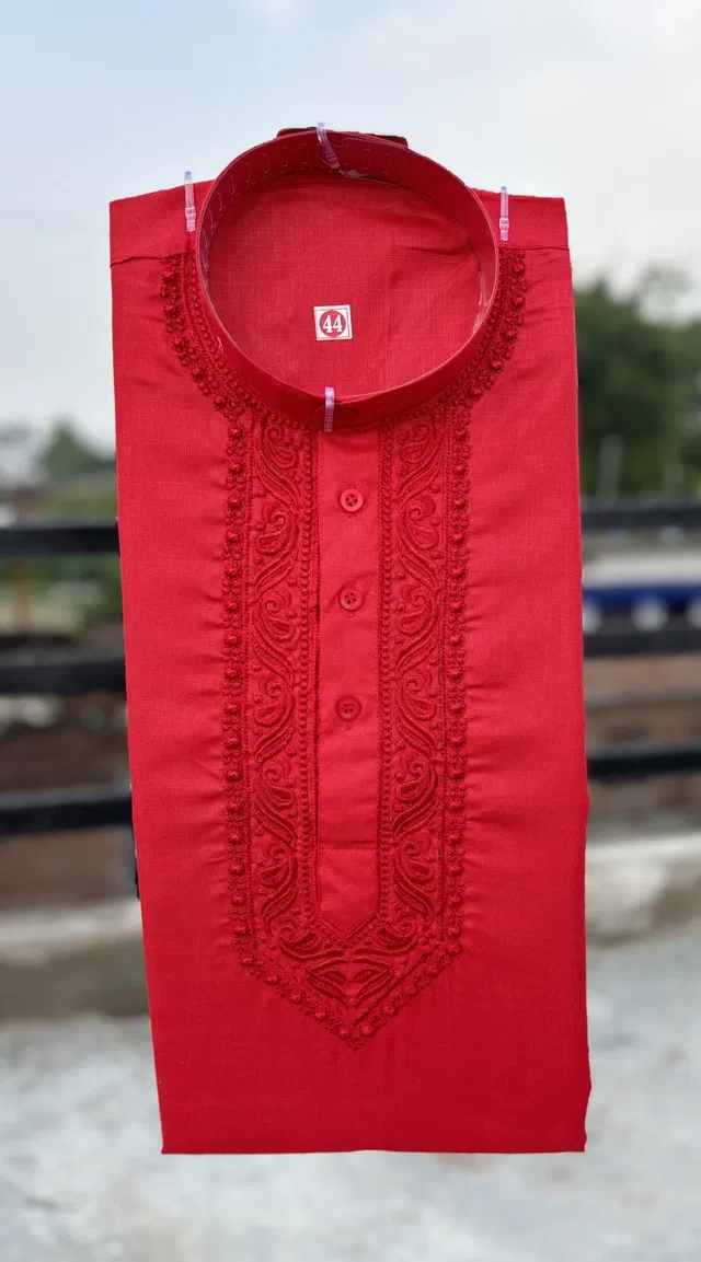 Cotton Embroidered Kurta for Men (Red, XXL)