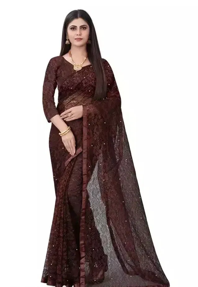 Net Solid Saree for Women (Brown, 6.3 m)