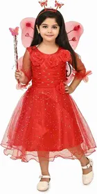 Cotton Blend Embellished Frock for Girls (Red, 9-12 Months)