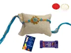 Metal Rakhi with Greeting card, Roli & Chocolate 