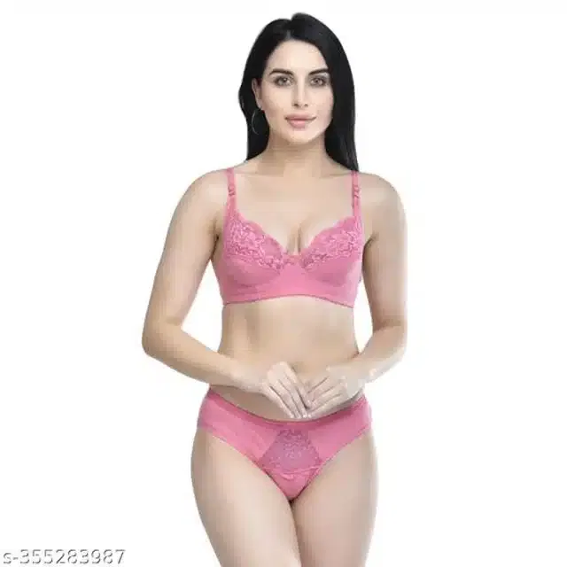 Polycotton Bra with Panty for Women (Pink, 38B)