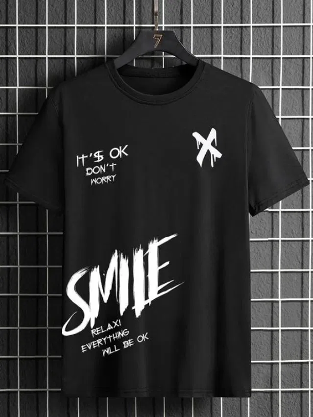 Round Neck Printed T-Shirt for Men (Black, XXL)