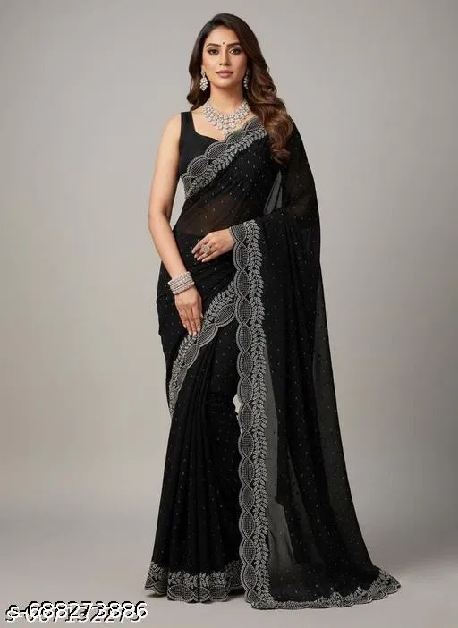 Georgette Printed Saree For Women, Black