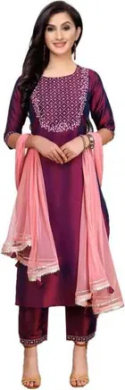 Women Art Silk Embroidered Kurta With Pant And Dupatta Set 