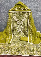 Chanderi Cotton Embroidered Unstitched Suit Fabric, Green