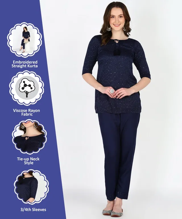 Rayon Embellished Top & Bottom Set for Women (Navy Blue, M)