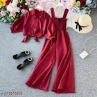 Three-Quarter Sleeves Jumpsuit for Women (Maroon, S)