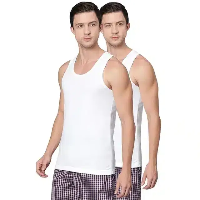 Cotton Blend Solid Vests for Men (White, 95) (Pack of 2)