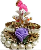Metal Decorative Ganpati Haldi Kumkum Stand with 2 Roli Chawal Holder, Multicolor