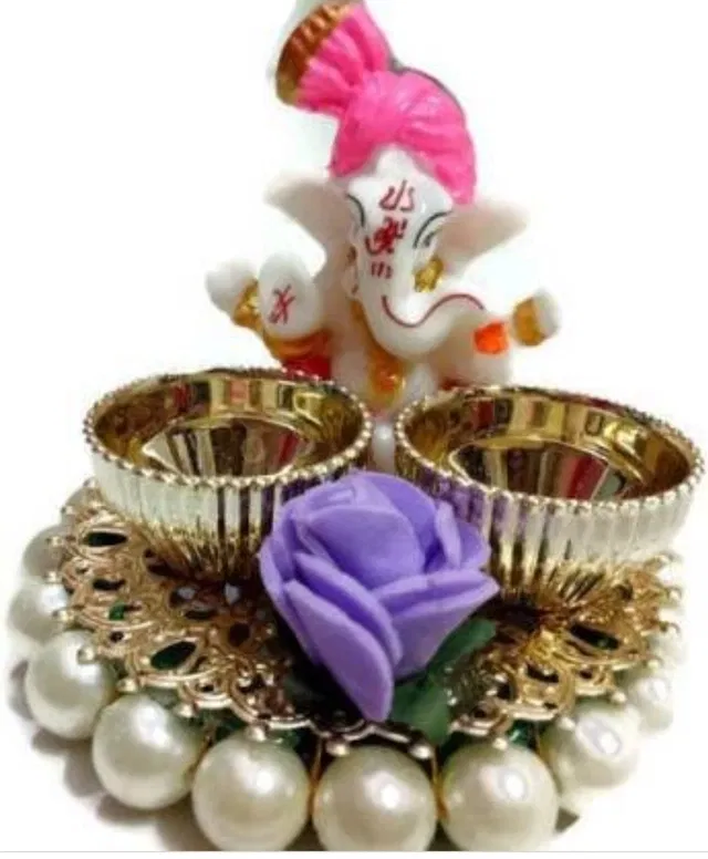 Metal Decorative Ganpati Haldi Kumkum Stand with 2 Roli Chawal Holder, Multicolor