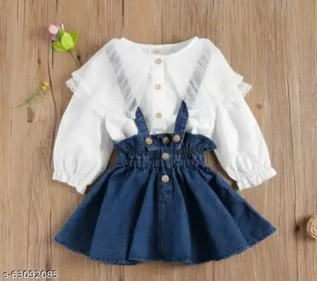 Denim Full Sleeves Top & Bottom Clothing Set for Girls (White & Navy Blue, 12-18 Months)